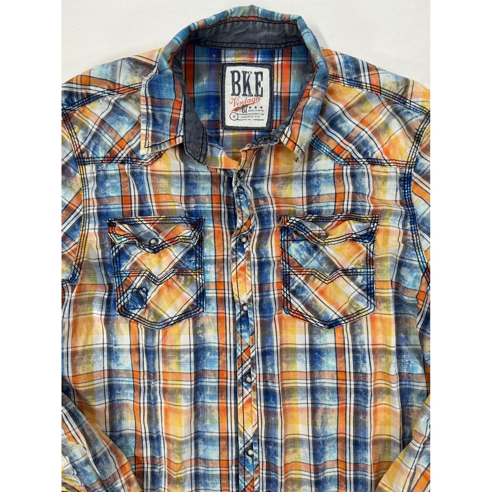 BKE Vintage Mens Orange Blue Plaid Pearl Snap Western Shirt Athletic Fit Medium